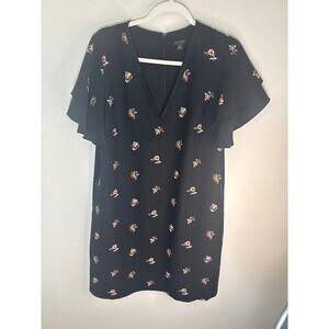 Ann Taylor black flowered A-line dress flutter sleeves zip back.